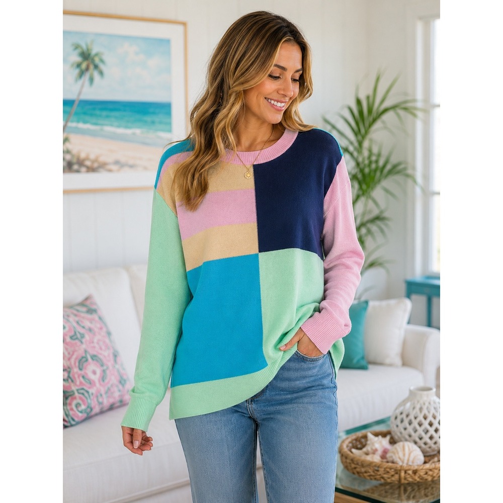 Lands End‎ Colorblock Sweater Womens Pastel Geometric Crewneck Cotton Pullover